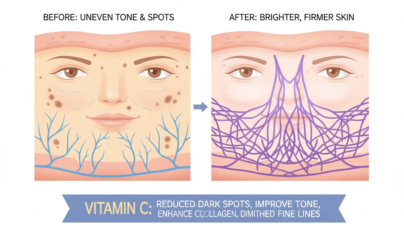 vitamin C benefits for skin showing collagen production and reduction of dark spots and fine lines