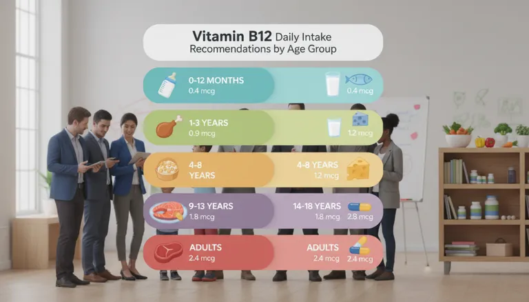 Vitamin B12 daily intake recommendations by age group according to NIH guidelines Vitamin B12 daily intake recommendations by age group according to NIH guidelines