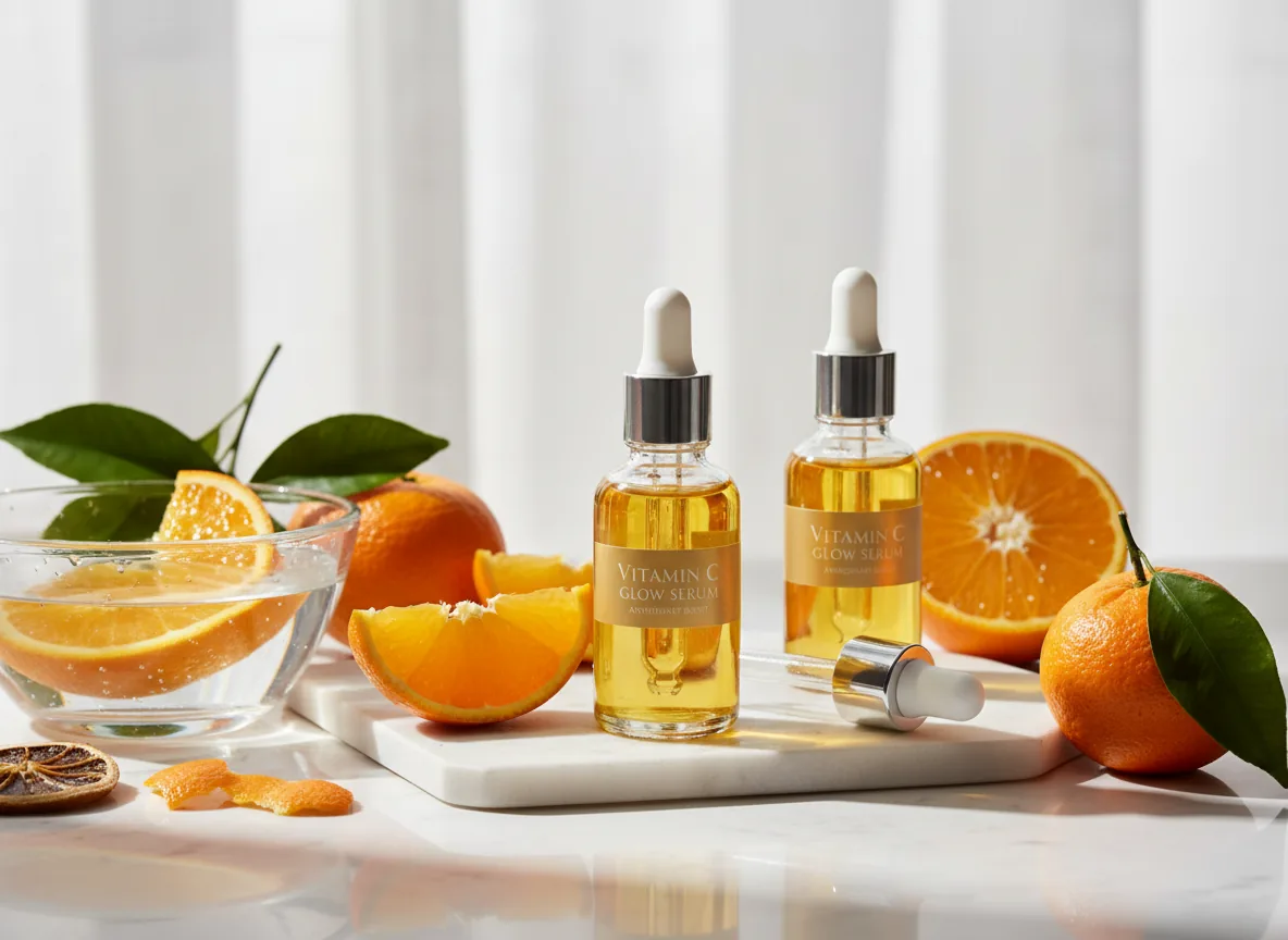 vitamin C serum bottles with l-ascorbic acid for topical skin application and anti-aging