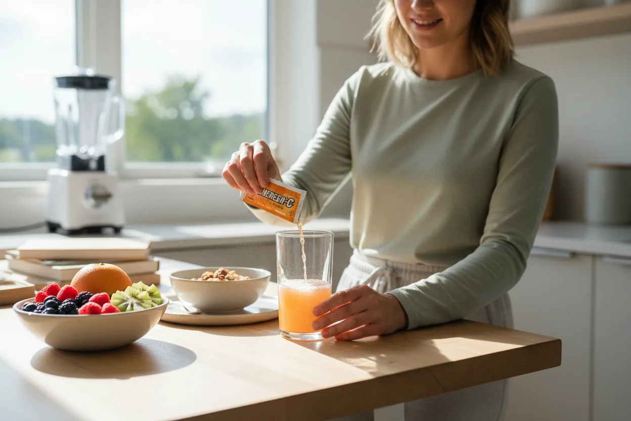 person mixing Emergen-C powder in water for immune support during morning routine