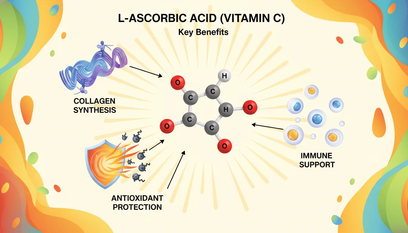 scientific illustration of l-ascorbic acid molecular structure with vitamin C benefits for skin and collagen production