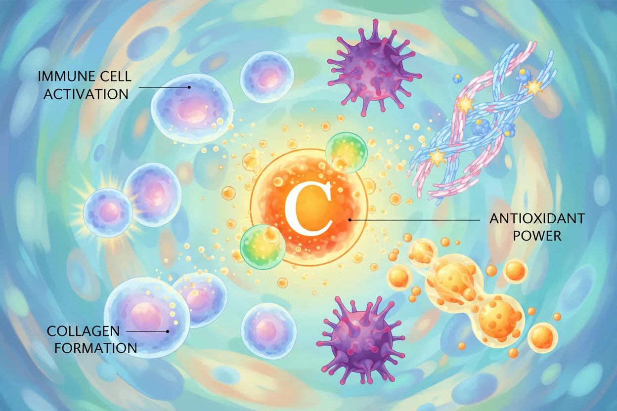 healthy immune system visualization showing vitamin C benefits for collagen production and fighting free radicals
