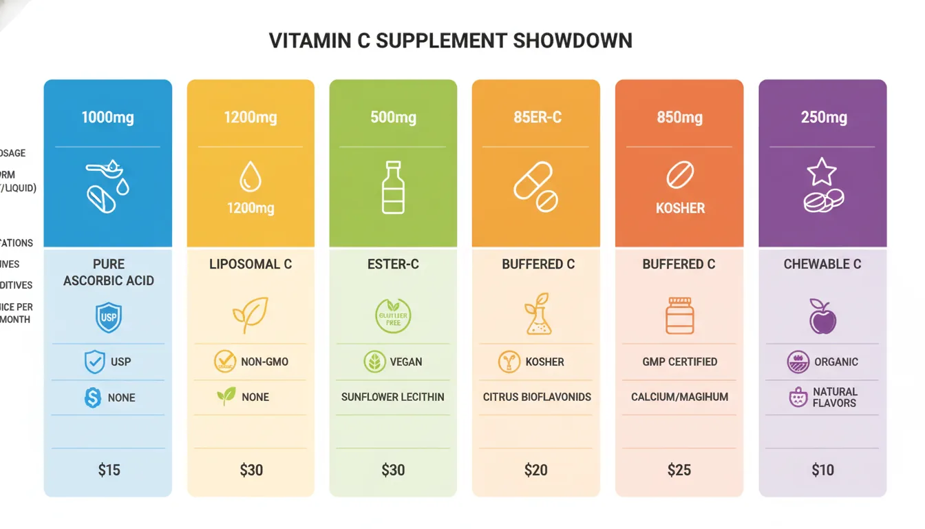 comparison chart showing features of the top 5 vitamin C supplements including ascorbic acid content and benefits