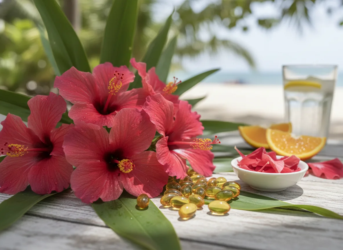 hibiscus flower with vitamin C showing natural antioxidants and benefits for skin tone