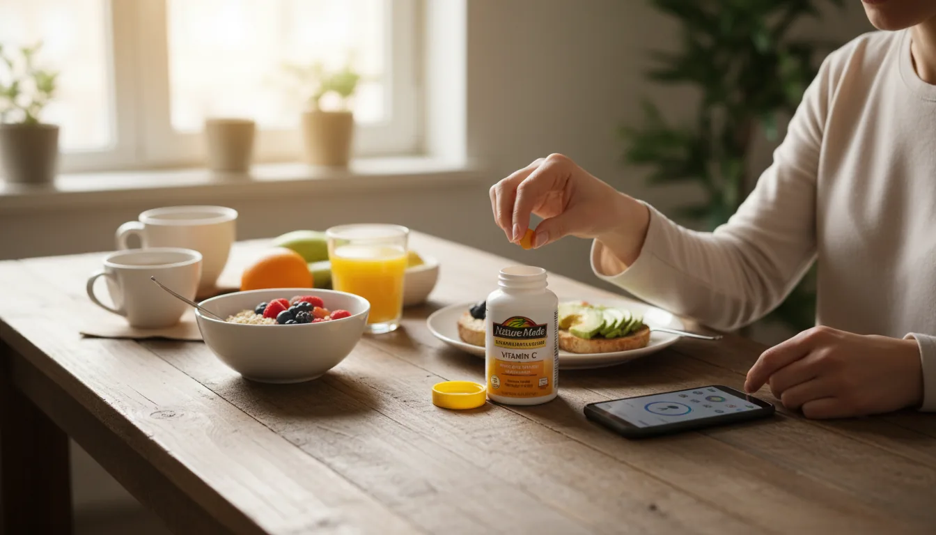 healthy lifestyle showing daily vitamin C routine for immune support and collagen production