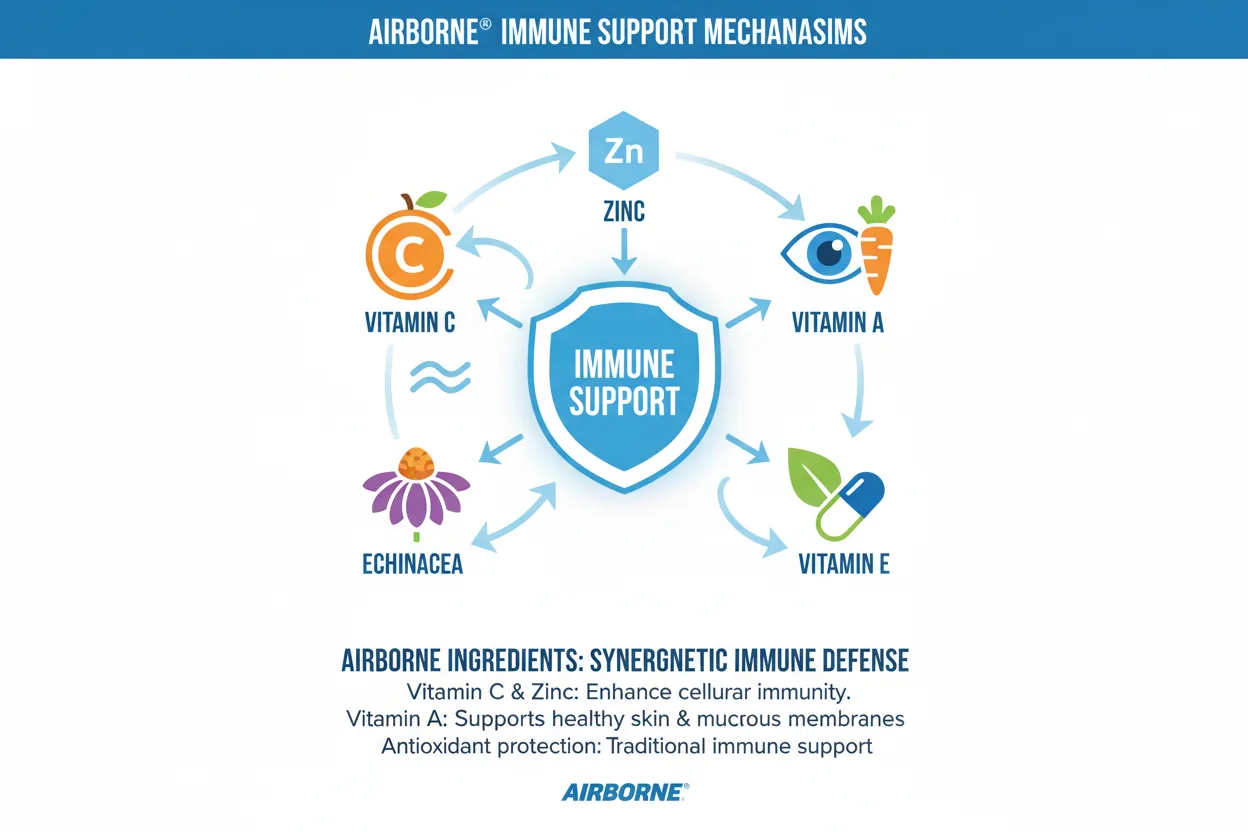 Airborne immune support ingredients showing vitamin C, zinc, echinacea and antioxidants working together