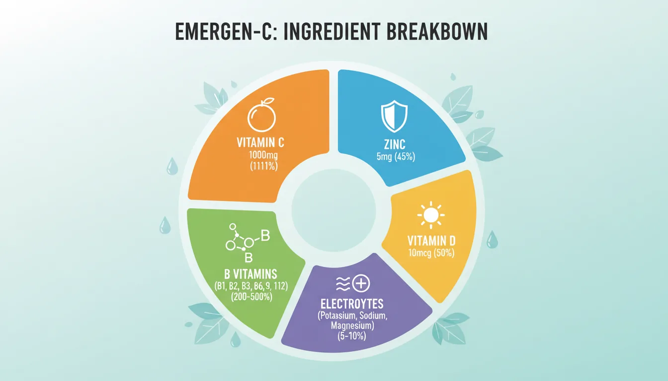 ingredients breakdown of Emergen-C showing vitamin C, zinc, vitamin D and electrolytes for immune support