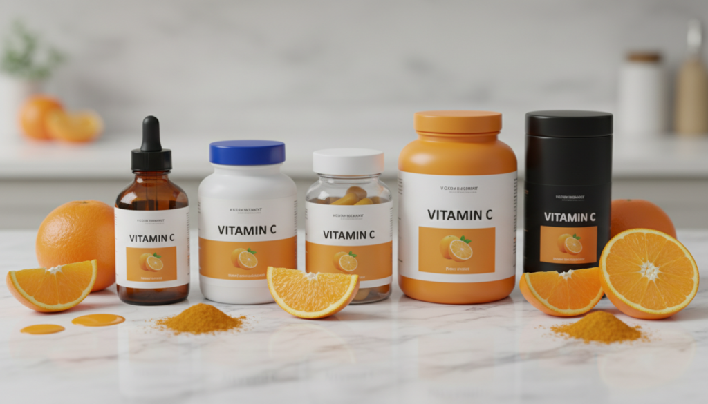 top 5 vitamin C supplements 2026 arranged on a white surface with fresh citrus fruits