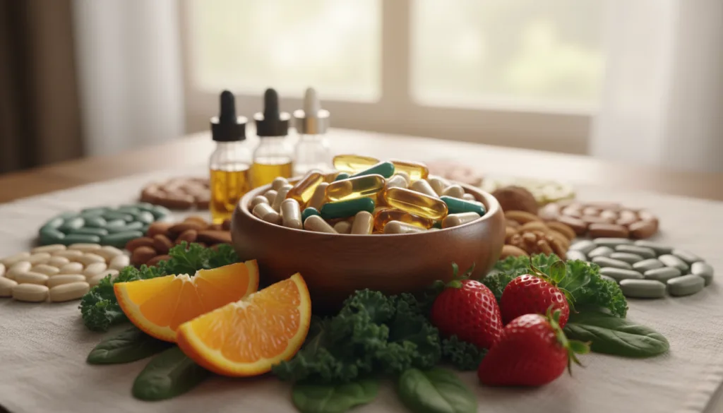 Essential vitamins and minerals in a bowl - colorful capsules and fresh fruits for daily vitamin intake