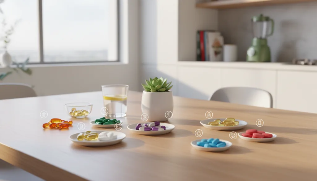Daily vitamin supplements on table - multivitamins, vitamin D, and omega-3 capsules for balanced health