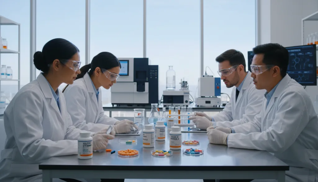 Laboratory quality testing of dietary supplements - scientists verifying vitamin safety and FDA standards