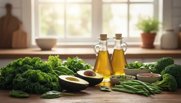 vitamin K supplement capsules alongside fresh leafy greens rich in vitamin K1 and K2