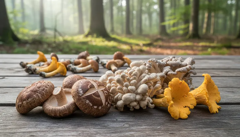 Assorted edible mushroom varieties including portobello, maitake, and shiitake that are rich in vitamin D