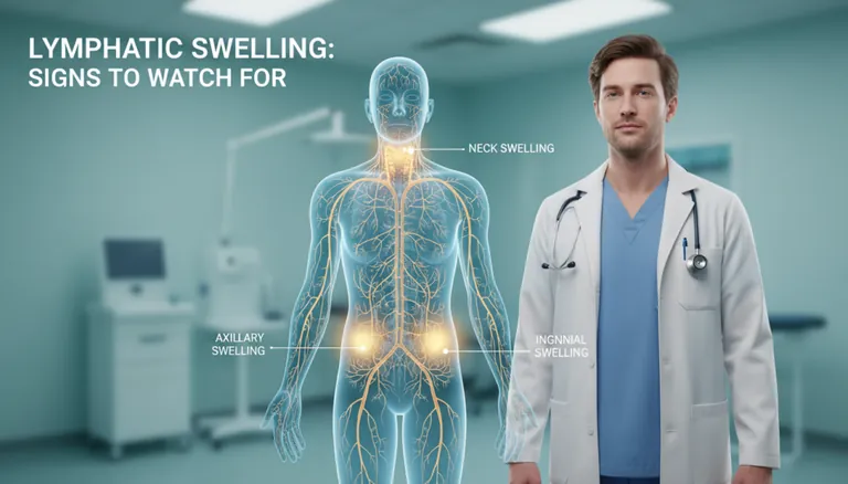Illustration of lymphatic system symptoms including swelling and fluid accumulation