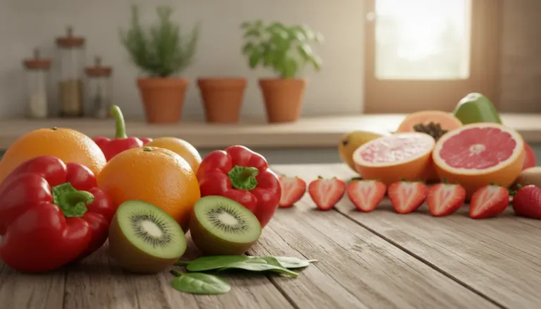 Vitamin C food sources including fresh fruits and vegetables rich in ascorbic acid