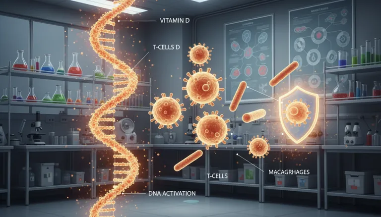 Diagram showing vitamin D mechanisms in immune system protection and cellular pathways